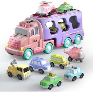 NEW Carrier Truck Toy Set w Cars & Helicopter Pink w/ music & sounds